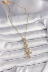 316L Çelik Gold Renk Zincir Zirkon Taşlı Ankh Model Kadın Kolye - TJ-BKO9751