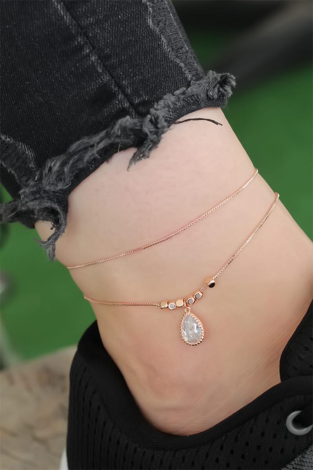 Rose Gold Renk Zirkon Damla Taşlı Halhal - TJ-HH1151-KS