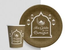 Altın Renk Hoşgeldin Ya Şehr-i Ramazan Yazılı Tabak ve Bardak Seti 16 Adet