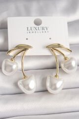 Pirinç Gold Renk Beyaz İnci Kiraz Model Kadın Küpe - TJ-BKP10461