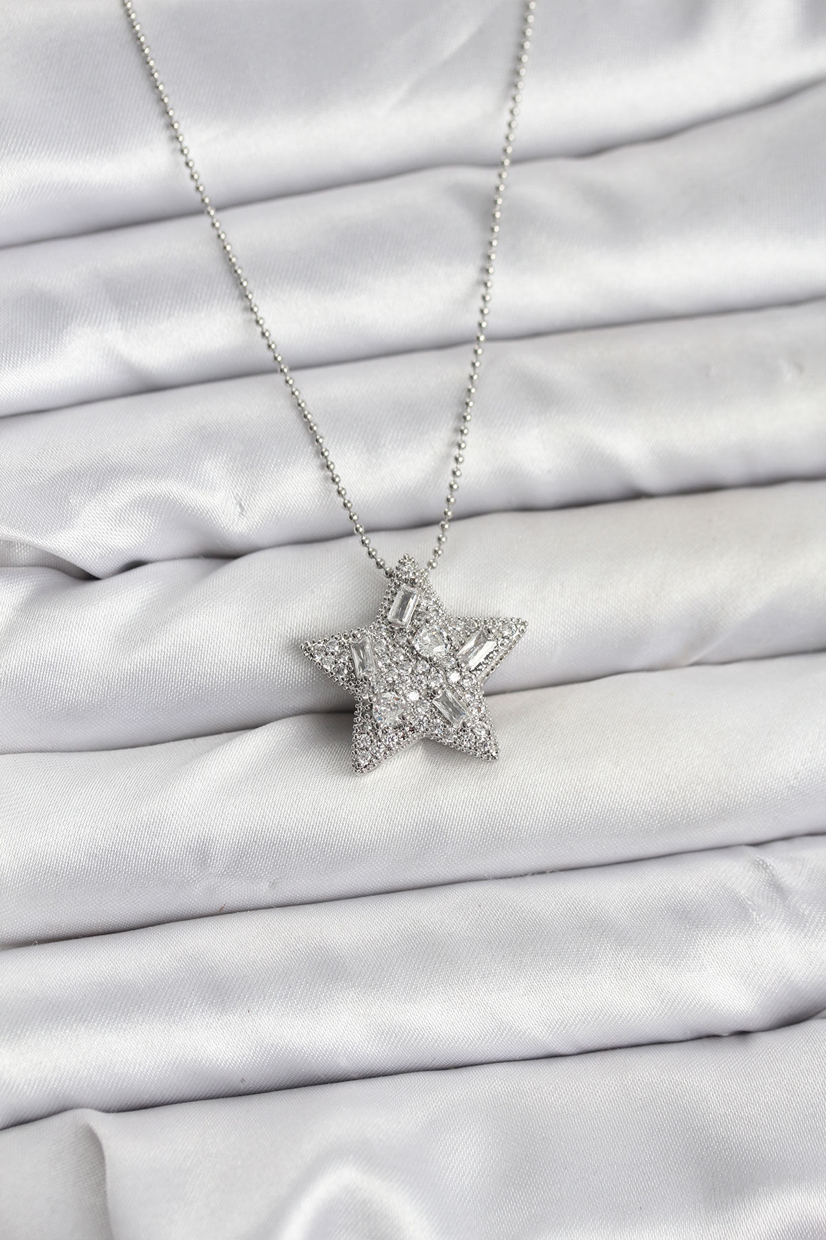 316L Çelik Zincir Gümüş Renk Zincirli Gümüş Yıldız Model Kadın Kolye - TJ-BKO10678