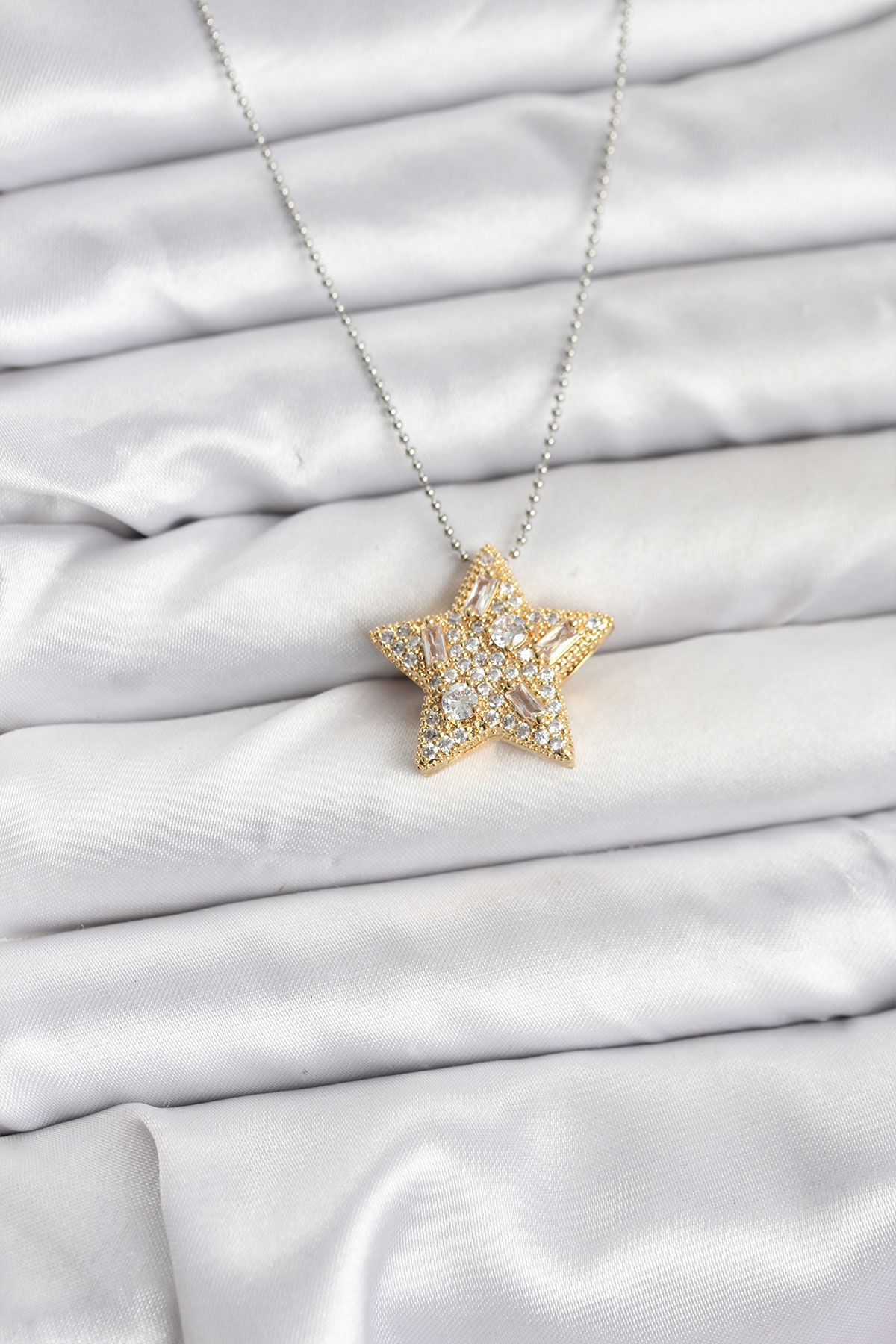316L Çelik Zincir Gümüş Renk Zincirli Gold Yıldız Model Kadın Kolye - TJ-BKO10679