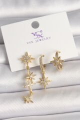 Pirinç Gold Renk Sallantı Zirkon Taşlı Zirkon Taşlı Kutup Yıldız Model 3'Lü Kadın Kombin Küpe - TJ-BKP10465