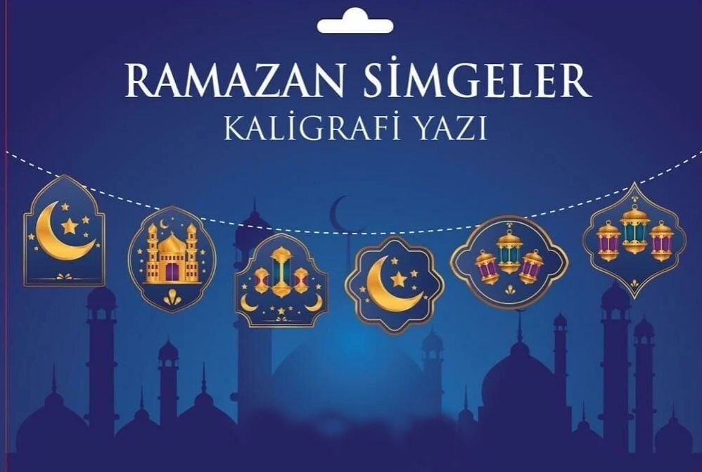 Mavi Üzeri Altın Renk Ramazan Koreografi Simgeler Banner Afiş 21x150 cm