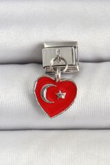 316L Çelik Gümüş Renk Kalp Türk Bayrağı Model Nomination Charm - TJ-BC1498
