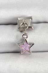 316L Çelik Gümüş Renk Pembe Taşlı Yıldız Model Nomination Charm - TJ-BC1503