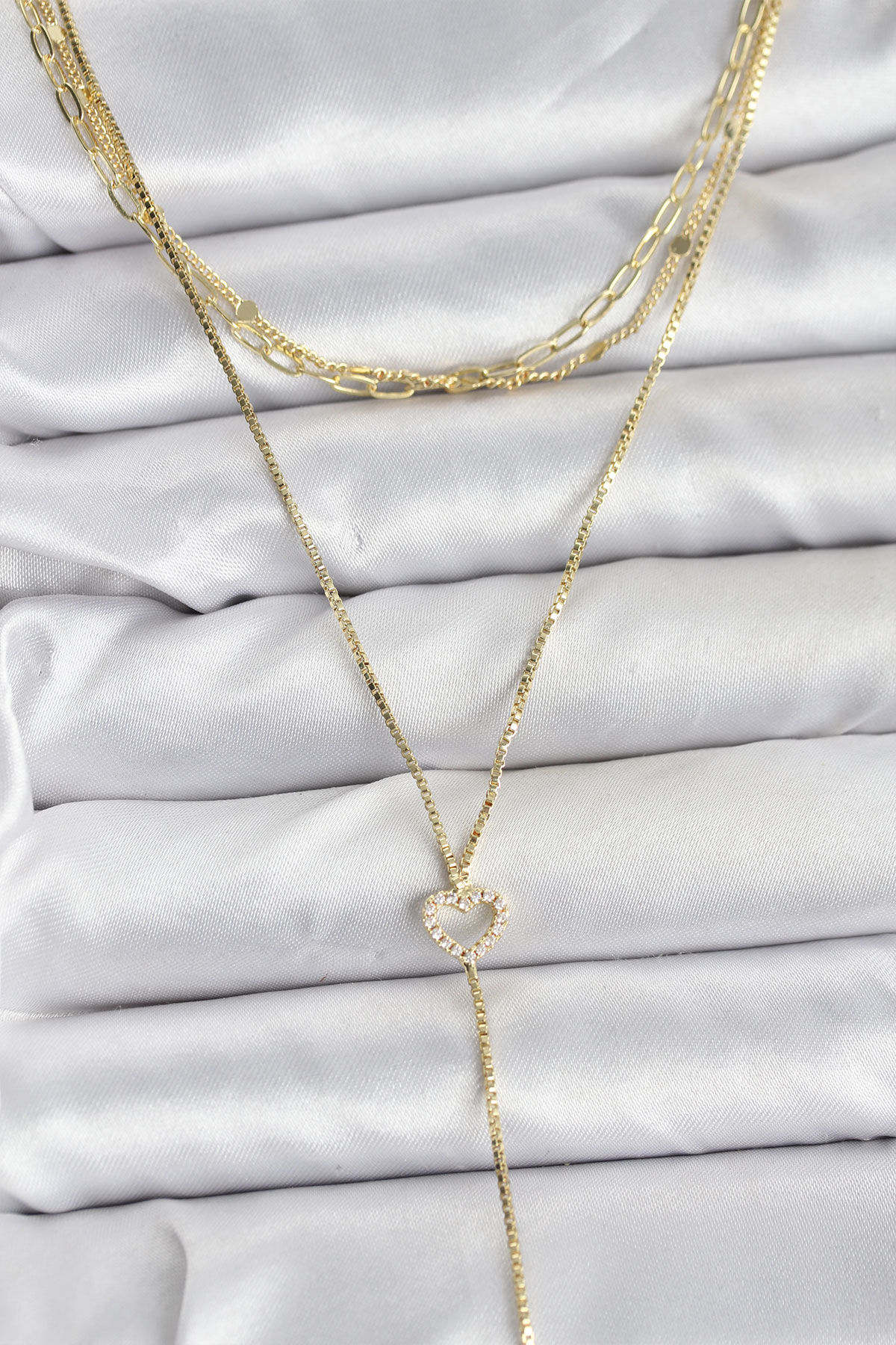 Pirinç Gold Renk Kalp Detaylı 3'lü Kombin Y Kadın Kolye - TJ-BKO10690