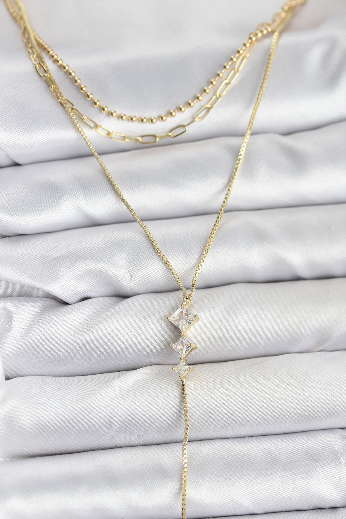 Pirinç Gold Renk Zirkon Taş Detaylı 3'lü Kombin Y Kadın Kolye - TJ-BKO10691