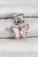 316L Çelik Gümüş Renk Pembe Kelebek Nomination Charm - TJ-BC1508
