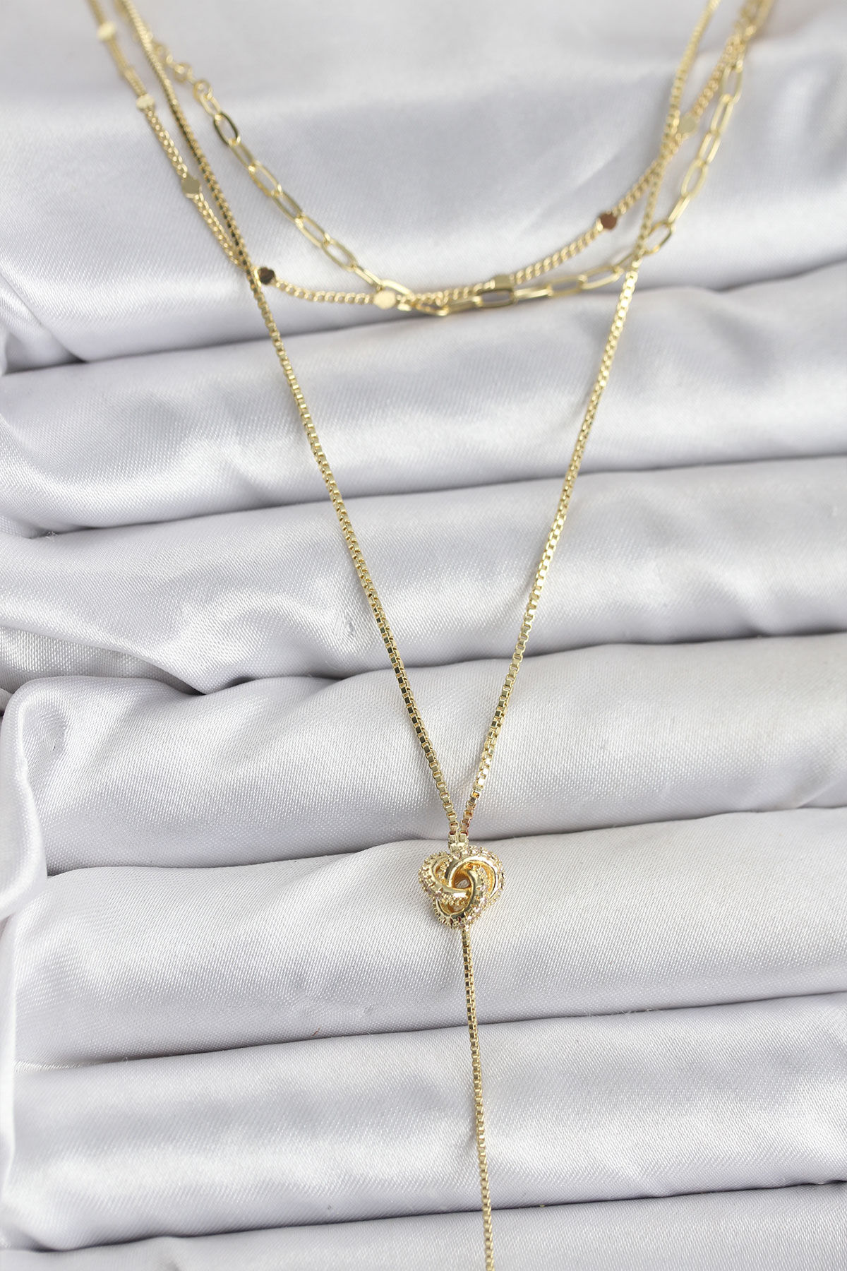 Pirinç Gold Renk Düğüm Model Detaylı 3'lü Kombin Y Kadın Kolye - TJ-BKO10693