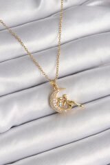 316L Çelik Gold Renk Zincir Zirkon Taşlı Peri Figür Kadın Kolye - TJ-BKO9581