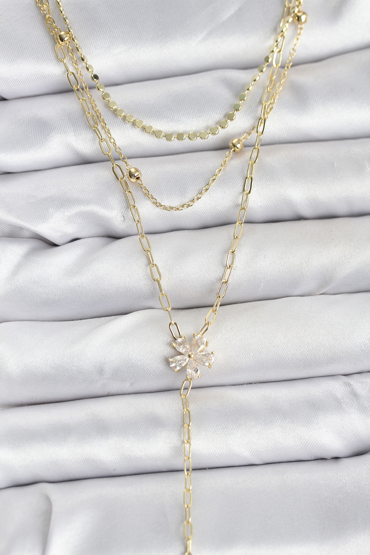 Pirinç Gold Renk Zirkon Taşlı Çiçek Model Detaylı 3'lü Kombin Y Kadın Kolye - TJ-BKO10697