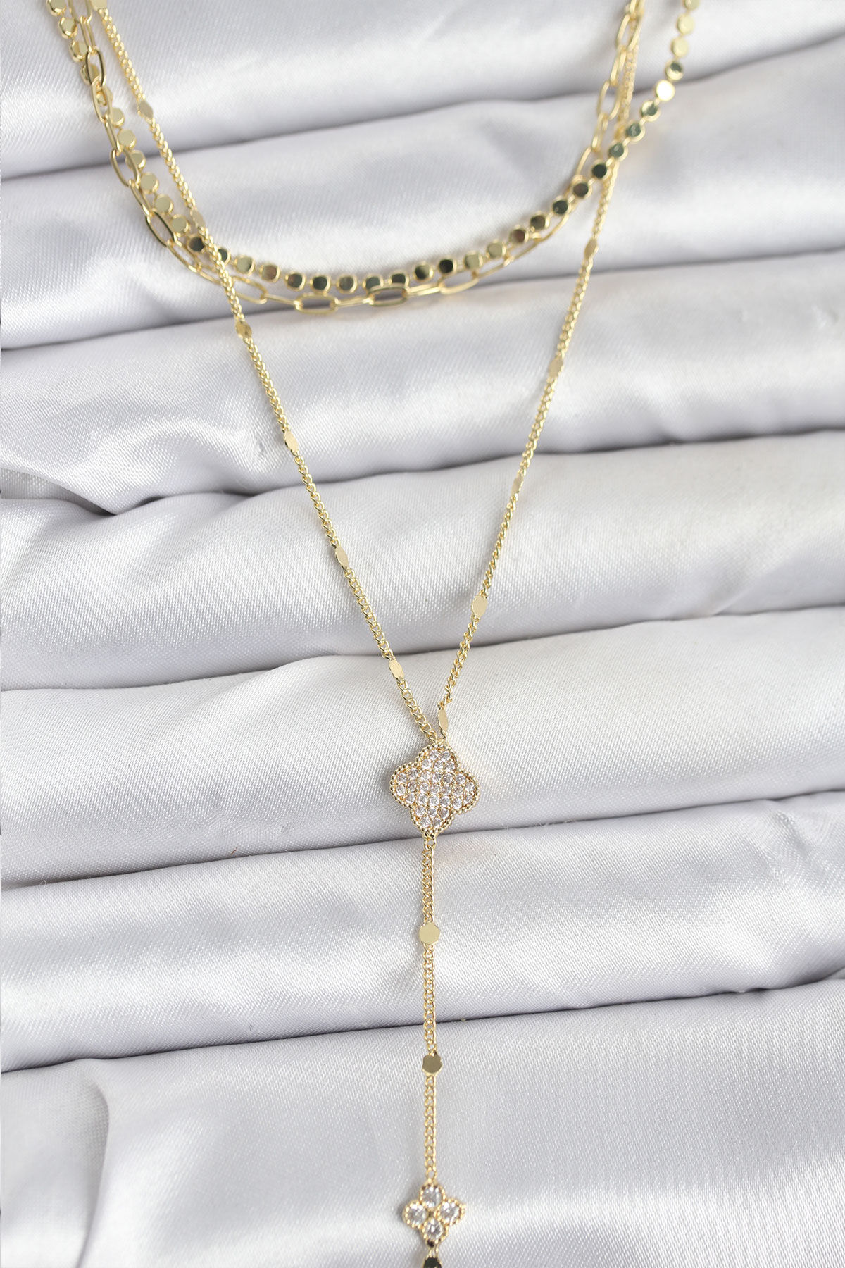 Pirinç Gold Renk Zirkon Taşlı Yoncalı Model Detaylı 3'lü Kombin Y Kadın Kolye - TJ-BKO10701