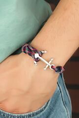 Bordo Lacivert Renk Desenli Metal Çapalı Erkek Bileklik - TJ-EB2259-KS