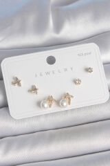 Pirinç Gold Renk Zirkon Taşlı Kelebek Model İnci Detay 925 Ayar Gümüş Çivi Kadın Küpe Seti - TJ-BKP10478