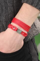 Desenli Metal Aksesuarlı Kırmızı Deri Erkek Bileklik Kombin - TJ-EB2806