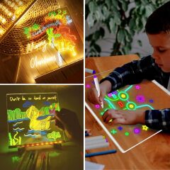 LED Işıklı Kendiliğinden Renkli Fosforlu Kalemli Kare Yazı Panosu 20x20 cm (4944)