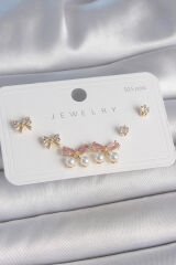 Pirinç Gold Renk Pembe Zirkon Taşlı Fiyonk Model İnci Detay 925 Ayar Gümüş Çivi Kadın Küpe Seti - TJ-BKP10484