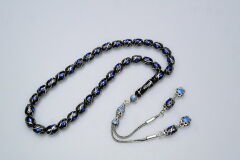 Oltu Taşı Üçlü Çeşmi Mavi İşleme Kapsül Tespih