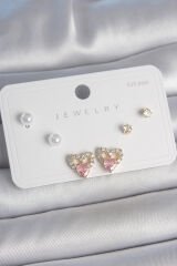 Pirinç Gold Renk Pembe Zirkon Taşlı Kalp Model İnci Detay 925 Ayar Kadın Küpe Seti - TJ-BKP10488