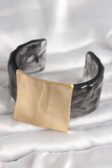 Siyah Mermer Desen Akrilik Plastik Gold Kare Plaka Model Vintage Kadın Bilezik - TJ-BB6681