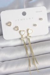Pirinç Gold Renk Beyaz Mineli Sallantı Mineli Kalp Model Zirkon Taş Detaylı 925 Ayar Gümüş Çivi Kadın Küpe Seti - TJ-BKP10494