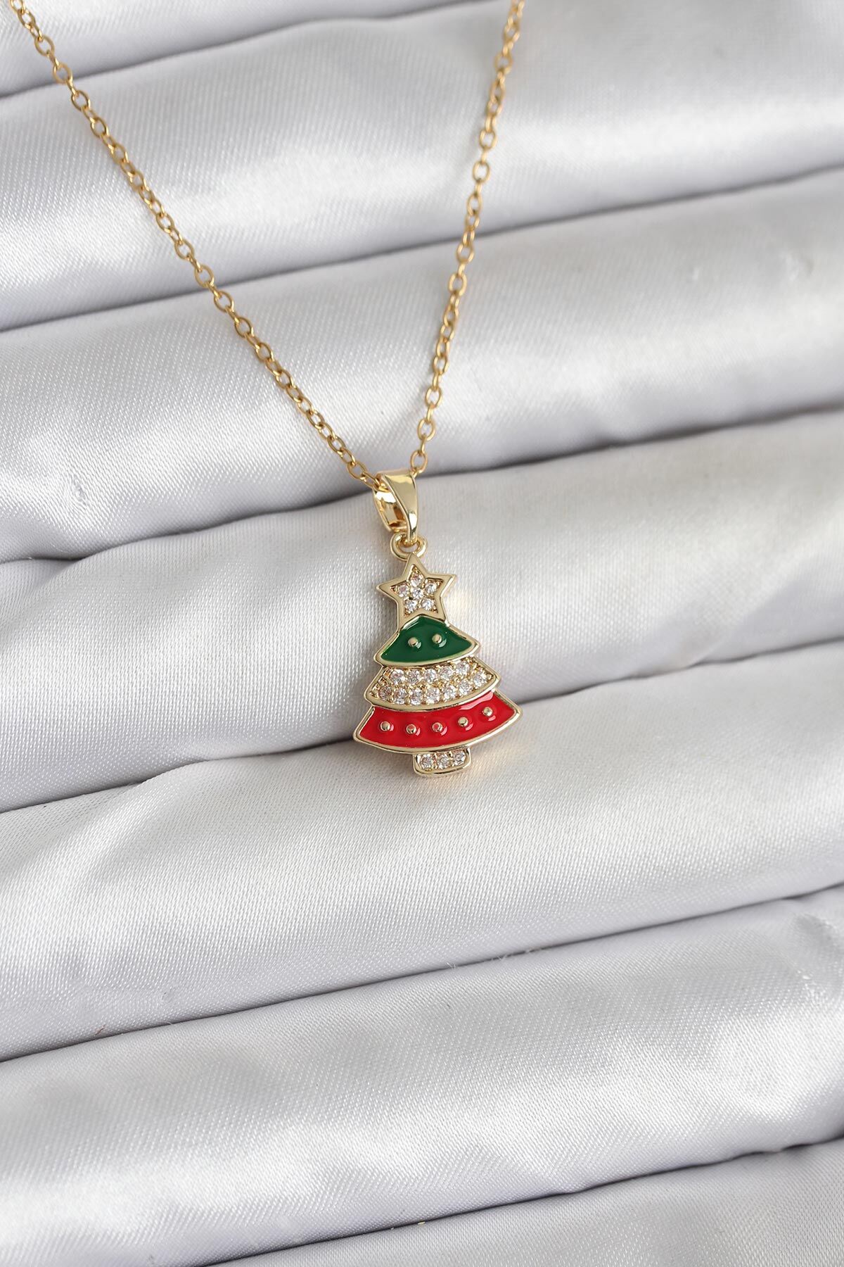316L Çelik Zincir Gold Ren Çam Ağacı Model Zirkon Taşlı Yılbaşı Temalı Kadın Kolye - TJ-BKO10710