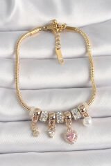 316L Çelik Gold Renk Zincir Zirkon Taşlı Sallantı Kalp Model İnci Detay Charm Kadın Bileklik - TJ-BB6688