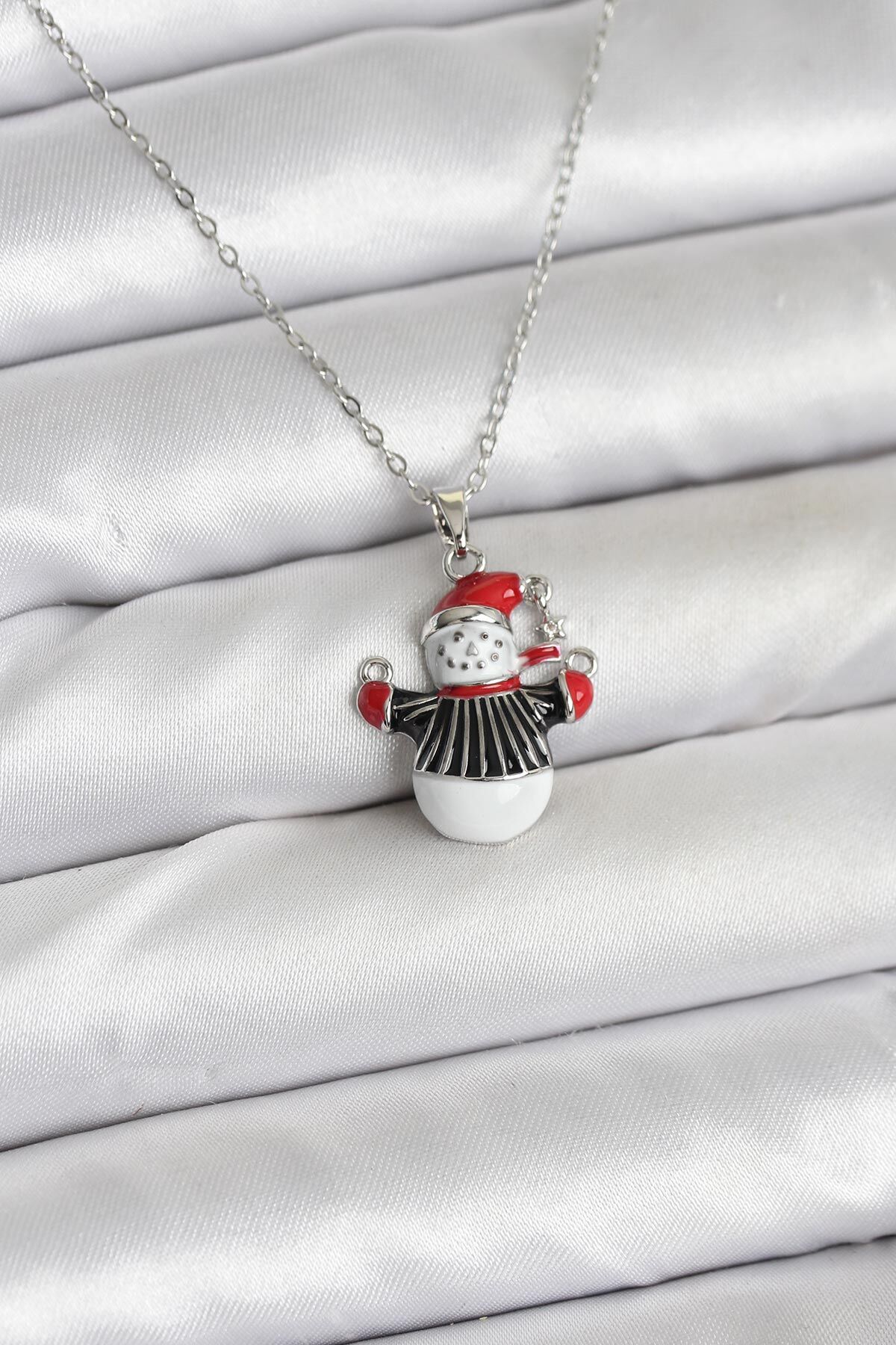316L Çelik Zincir Gümüş Renk Kardan Adam Figürlü Yılbaşı Temalı Kadın Kolye - TJ-BKO10713