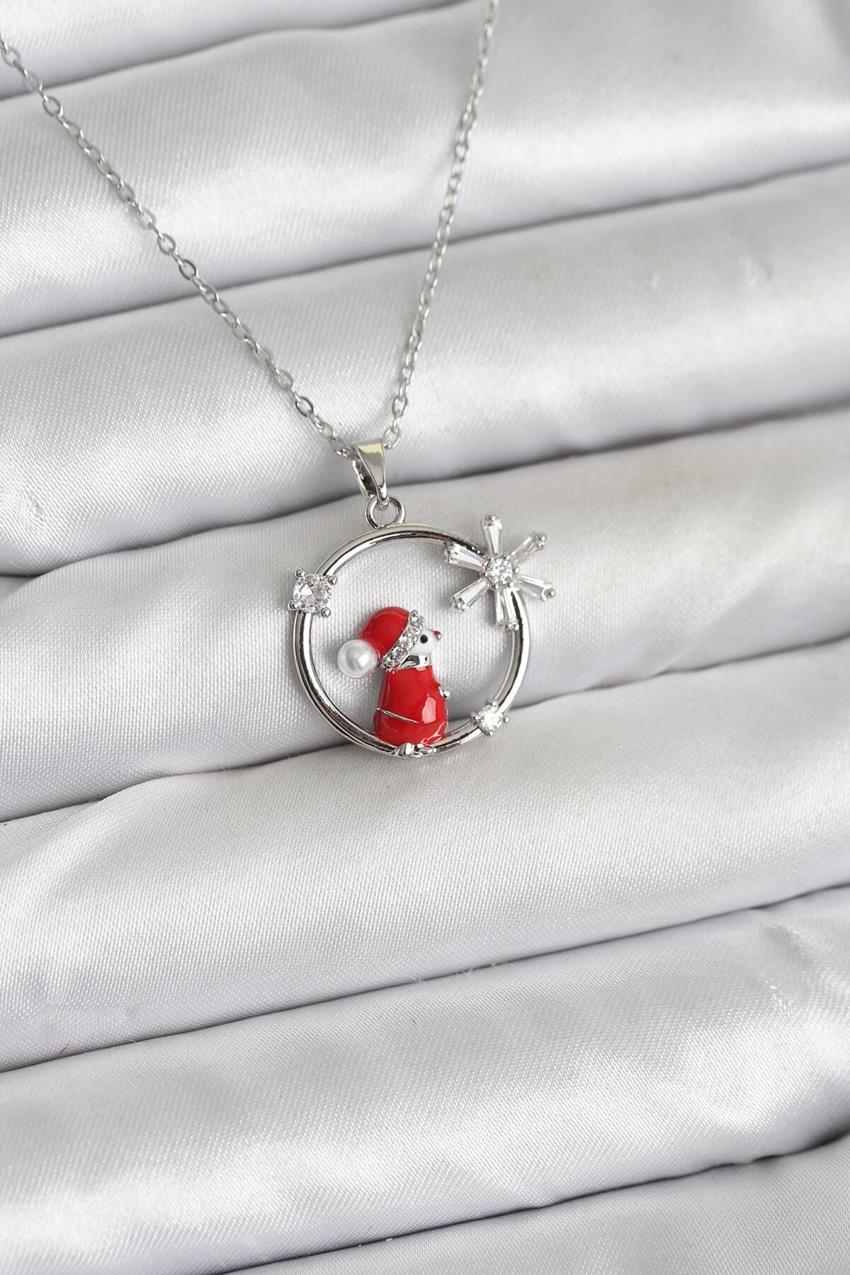 316L Çelik Zincir Gümüş Zirkon Taşlı Yılbaşı Tema Kadın Kolye - TJ-BKO10719