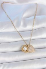 316L Çelik Gold Renk Zincir Zirkon Taşlı Açılır İncili Kalp Model Kadın Kolye - TJ-BKO10031