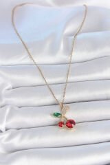 316L Çelik Gold Renk Kırmızı Zirkon Taşlı Kiraz Model Kadın Kolye - TJ-BKO10033