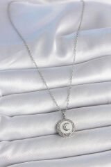 316L Çelik Gümüş Renk Zincir Beyaz Mineli Hilal İşlemeli Madalyon Model Kadın Kolye - TJ-BKO10034