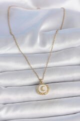 316L Çelik Gold Renk Zincir Beyaz Mineli Hilal İşlemeli Madalyon Model Kadın Kolye - TJ-BKO10035