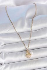 316L Çelik Gold Renk Zincir Zirkon Taşlı Deniz Kabuğu Model İnci Detay Kadın Kolye - TJ-BKO10045