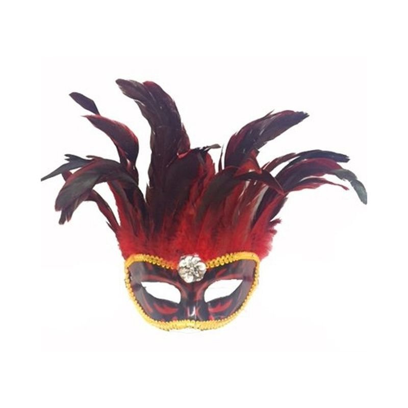 Kırmızı Renk Ekstra Bol Kuş Tüylü Venedik Maskesi 30x19 cm