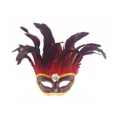 Kırmızı Renk Ekstra Bol Kuş Tüylü Venedik Maskesi 30x19 cm