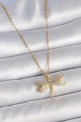 316L Çelik Gold Renk Zincir Zirkon Taşlı Yusufçuk Model Kadın Kolye - TJ-BKO10051