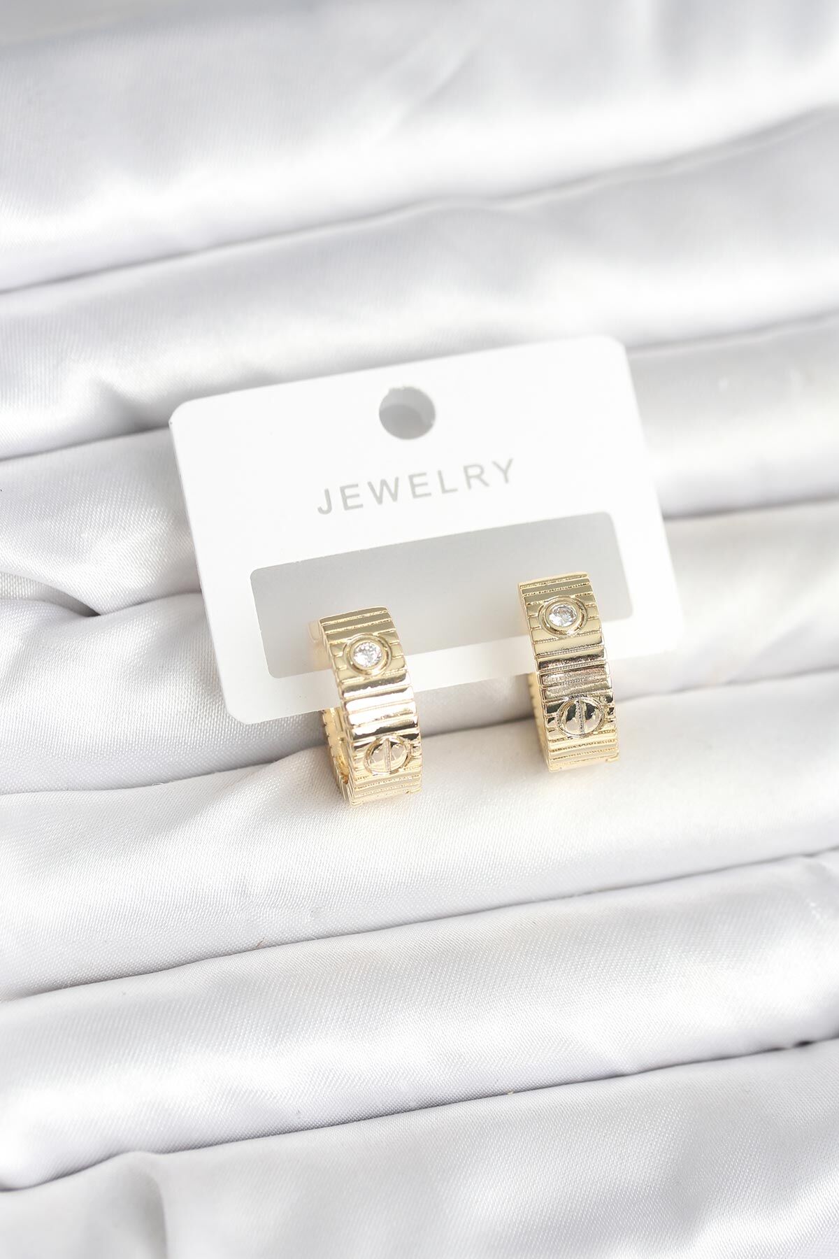 Pirinç Gold Renk Zirkon Taşlı Halka Kadın Küpe - TJ-BKP11380