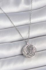 316L Çelik Gümüş Renk Zincir Ay Güneş Model Zirkon Taş Detay Kadın Kolye - TJ-BKO10056