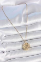 316L Çelik Gold Renk Zincir Ay Güneş Model Zirkon Taş Detaylı Kadın Kolye - TJ-BKO10057