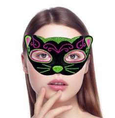 Siyah Kadife Kaplama Üzeri Pembe Yeşil Sim İşlemeli Kedi Maskesi 20x13 cm (4944)
