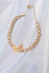 316L Çelik Gold Renk Kelebek Figür İşleme Detay Zincir Model Kadın Bileklik - TJ-BB5328