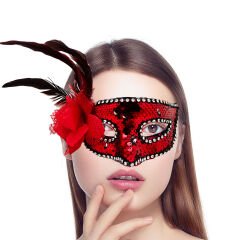 Kırmızı Renk Yandan Tüylü Güllü Gümüş Taşlı Pullu Maske 20x22 cm (4944)