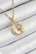 316L Çelik Zirkon Taşlı Kutup Yıldızlı Hilal Model Gold Renk Kadın Kolye - TJ-BKO10341