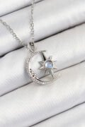 316L Çelik Zirkon Taşlı Kutup Yıldızlı Hilal Model Gümüş Renk Kadın Kolye - TJ-BKO10342
