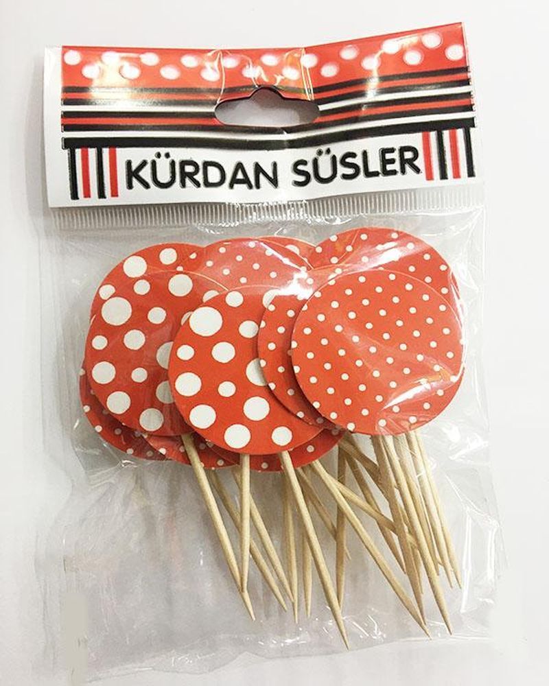 Kırmızı Üzeri Beyaz Puantiyeli Parti Kürdan Süsü 20 Adet