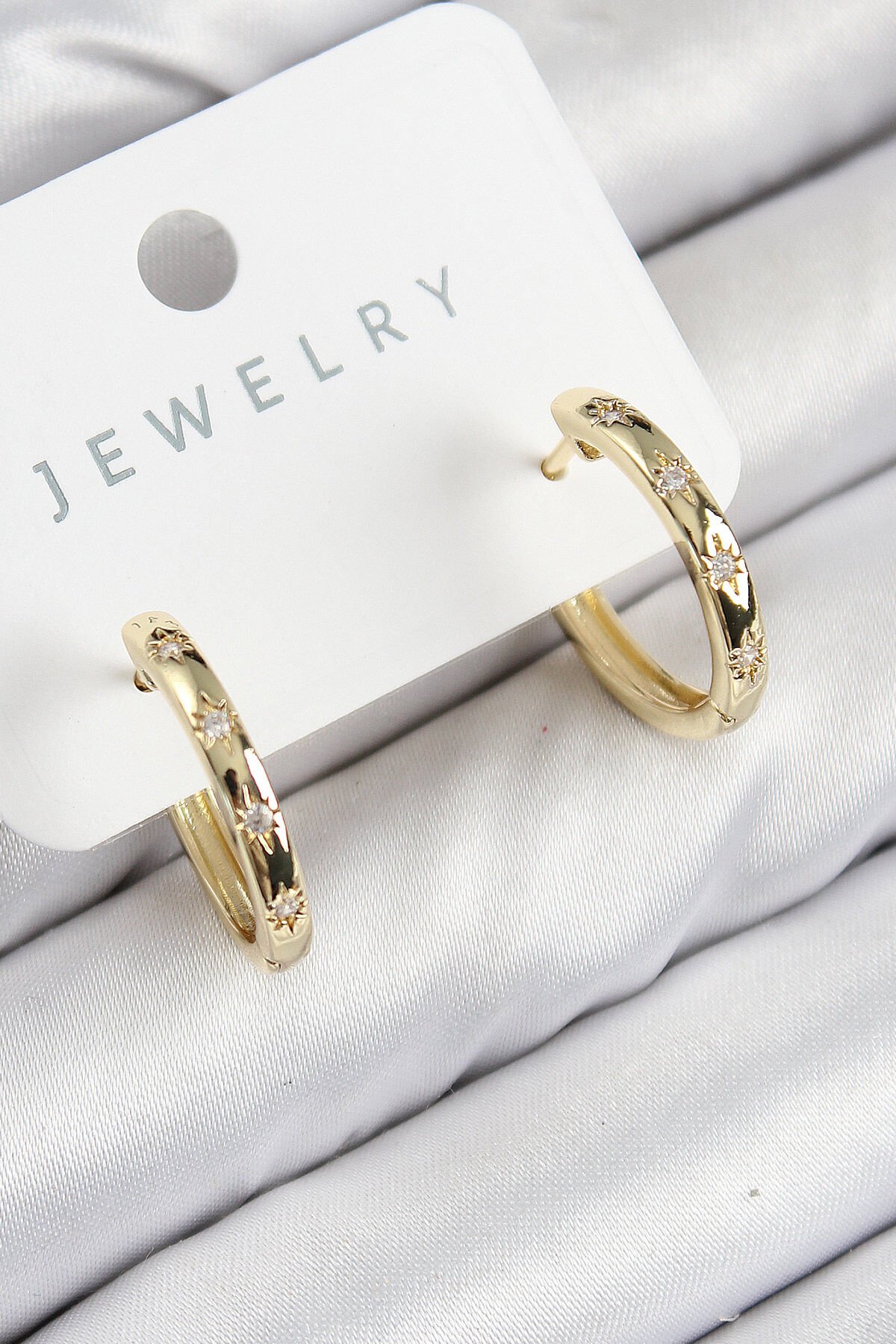 Pirinç Zirkon Taşlı Halka Model Gold Renk Kadın Küpe - TJ-BKP11074