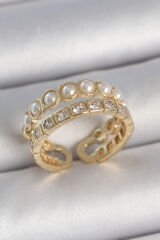 Pirinç Gold Renk 2'Li Zirkon Taşlı Ve İncili Ayarlanabilir Kadın Yüzük - TJ-BYK3721