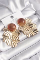 Pirinç Gold Renk Kahverengi Boncuk Yaprak Model Vintage Kadın Küpe - TJ-BKP9815